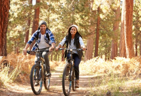 Two cyclists riding in forest